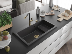 Mexen Omar 1-bowl granite kitchen sink 800 x 480 mm, black speckled, gold siphon - 6520801005-76-G