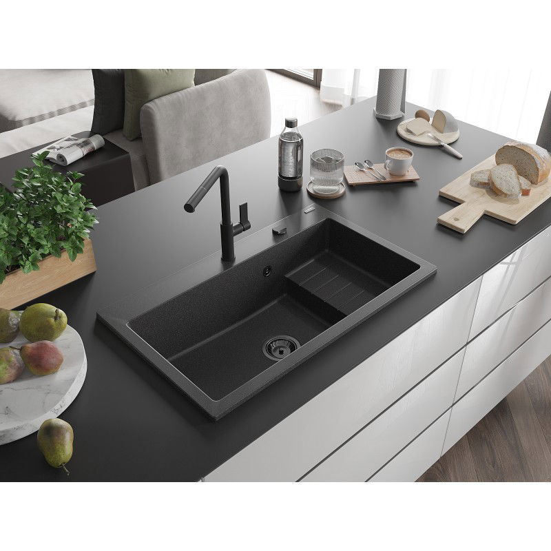 Mexen Omar single-bowl granite sink 800 x 480 mm, black speckled, black siphon - 6520801005-76-B