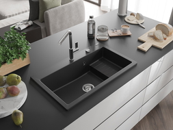 Mexen Omar granite sink single-bowl 800 x 480 mm, black, chrome siphon - 6520801005-77