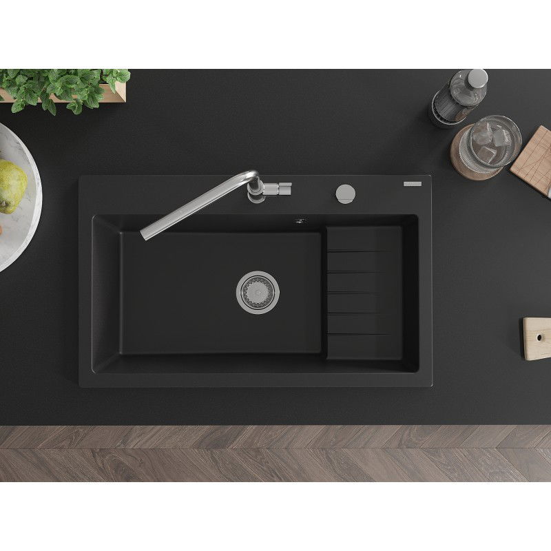 Mexen Omar granite sink single-bowl 800 x 480 mm, black, chrome siphon - 6520801005-77