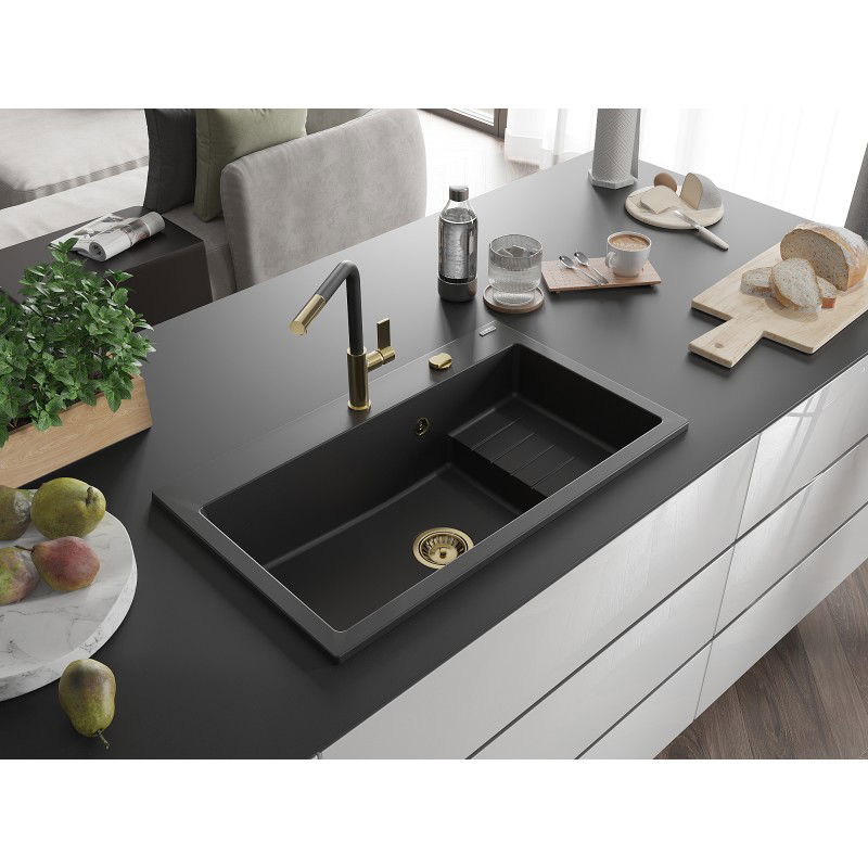 Mexen Omar granite sink single-bowl 800 x 480 mm, black, gold siphon - 6520801005-77-G