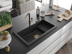 Mexen Omar granite sink single-bowl 800 x 480 mm, black, gold siphon - 6520801005-77-G