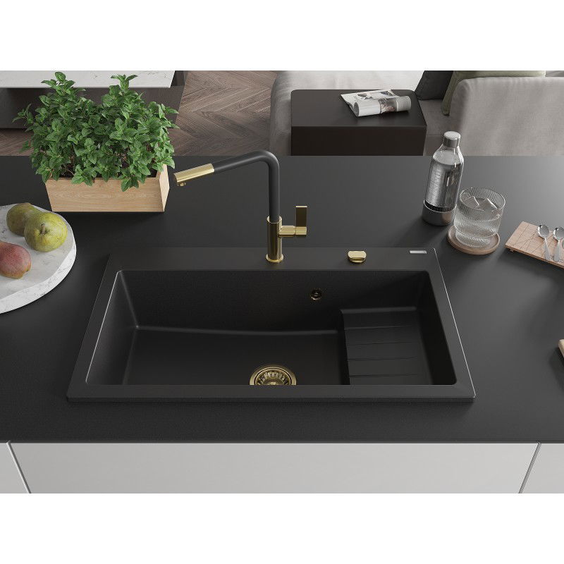 Mexen Omar granite sink single-bowl 800 x 480 mm, black, gold siphon - 6520801005-77-G