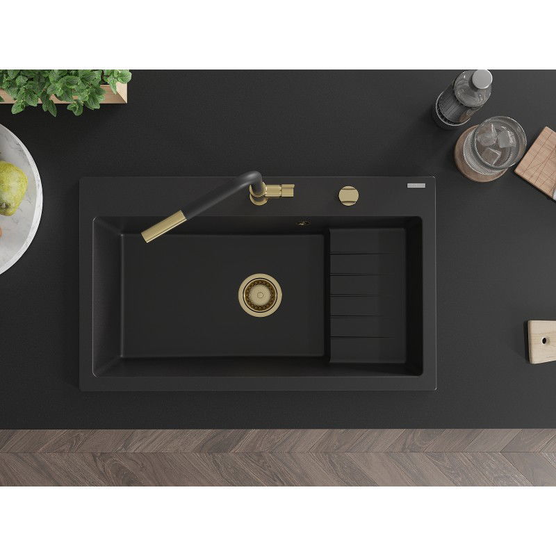 Mexen Omar granite sink single-bowl 800 x 480 mm, black, gold siphon - 6520801005-77-G