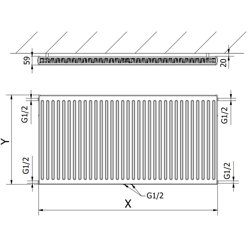 Mexen CC11 plate radiator 400 x 2200 mm, bottom center connection, 1426 W, anthracite - W6C11-040-220-66