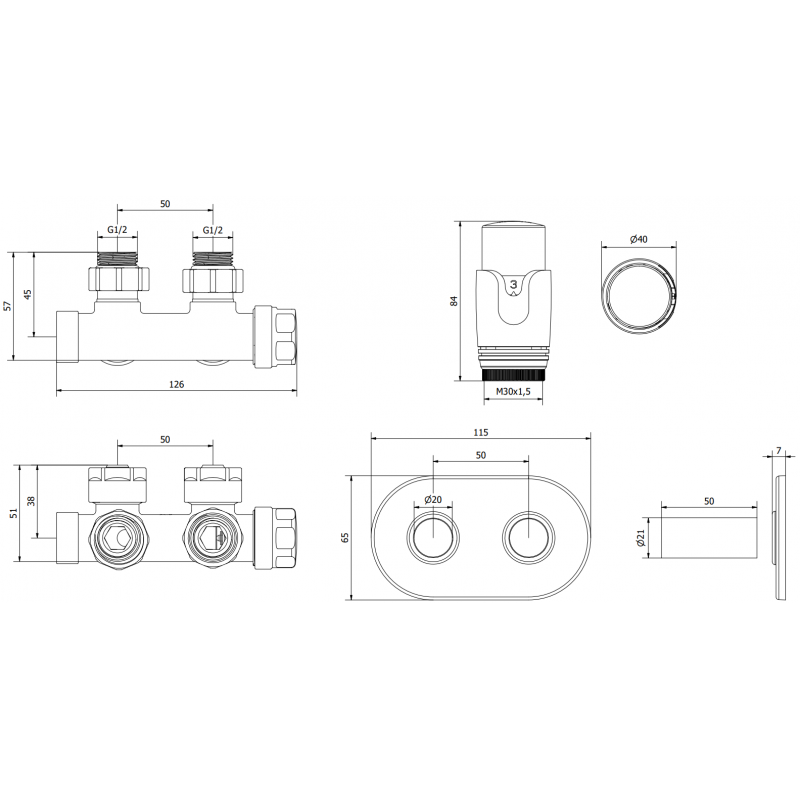 Mexen G00 angled thermostatic set with R cover, Duplex, DN50, chrome - W907-900-905-01