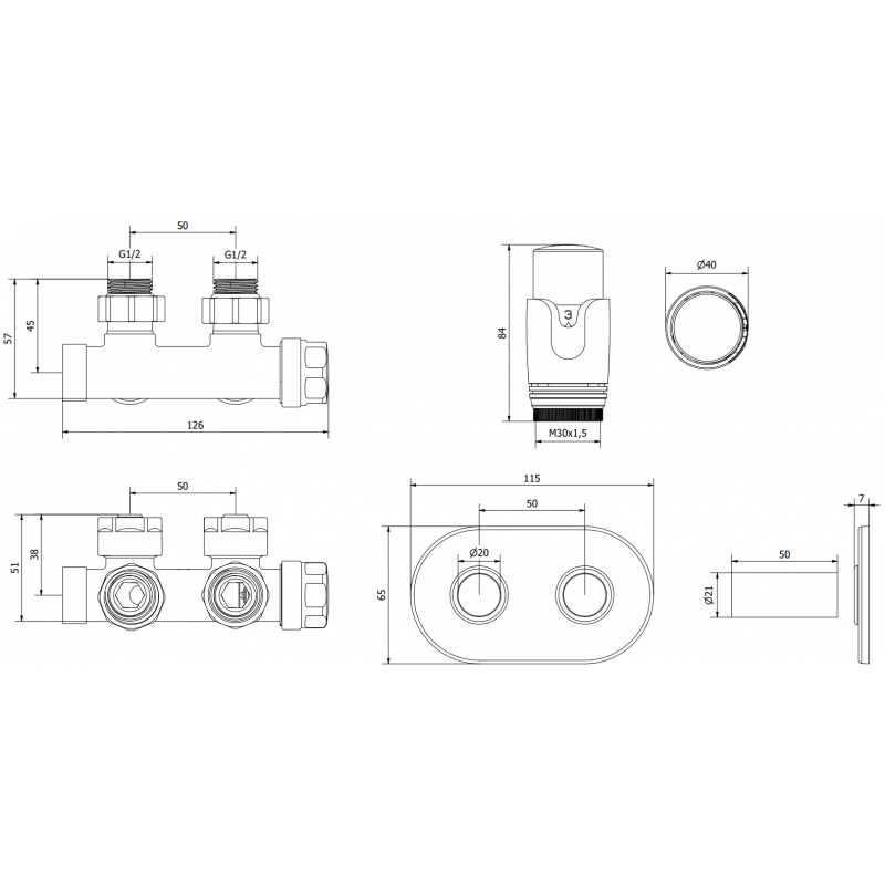 Mexen G00 angled thermostatic set with cover R, Duplex, DN50, black - W907-900-905-70