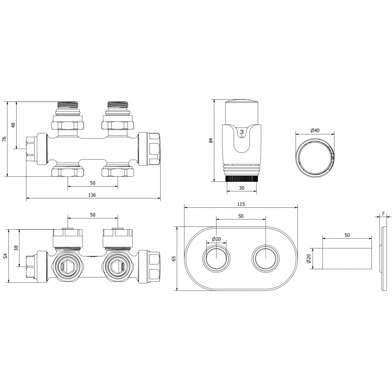 Mexen G00 angled/straight thermostat set with R cover, Duplex, DN50, anthracite - W908-900-905-66