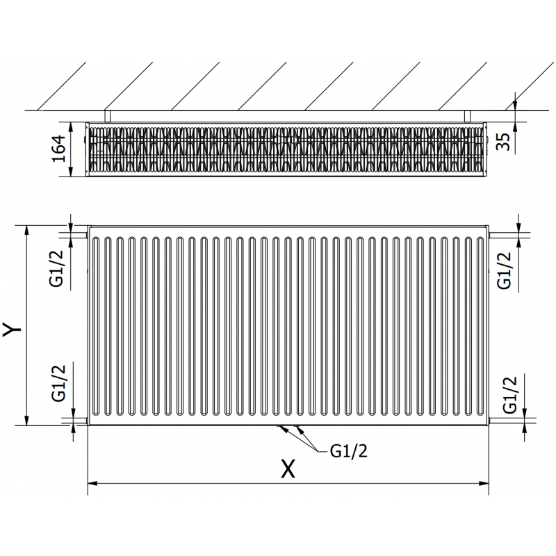 Mexen CC33 flat radiator 500 x 2600 mm, central bottom connection, 5255 W, anthracite - W6C33-050-260-66
