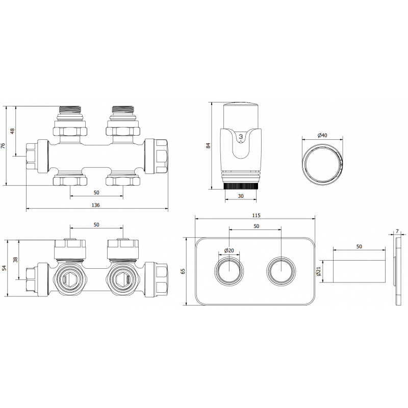 Mexen G00 angled/straight thermostatic set with S cover, Duplex, DN50, white - W908-900-910-20