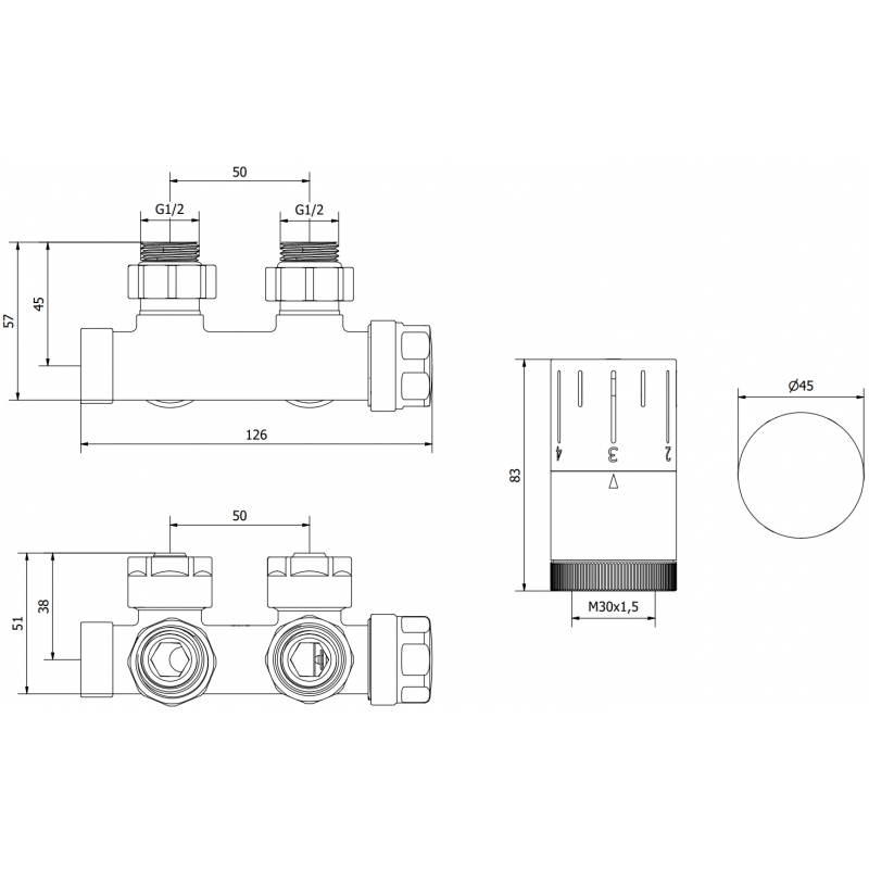Mexen G05 angled thermostatic set, Duplex, DN50, white - W907-958-20