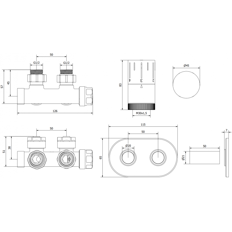 Mexen G05 angled thermostatic set with R cover, Duplex, DN50, gold - W907-958-905-50