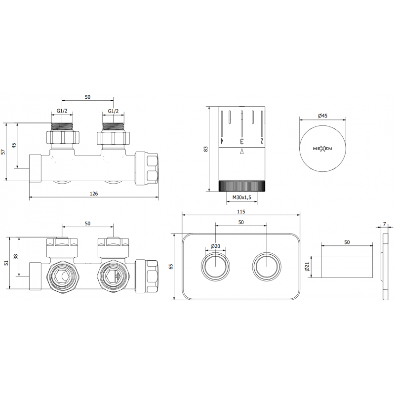 Mexen G05 angled thermostatic set with S cover, Duplex, DN50, gold - W907-958-910-50