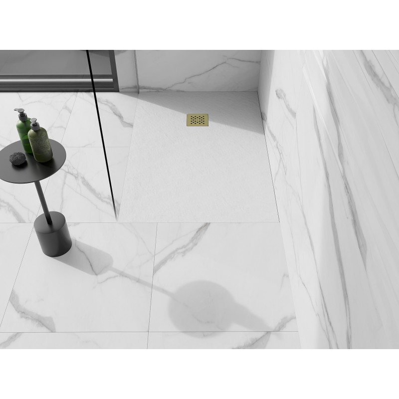 Mexen Stone+ rectangular composite shower tray 130 x 90 cm, white, golden cover - 44109013-G
