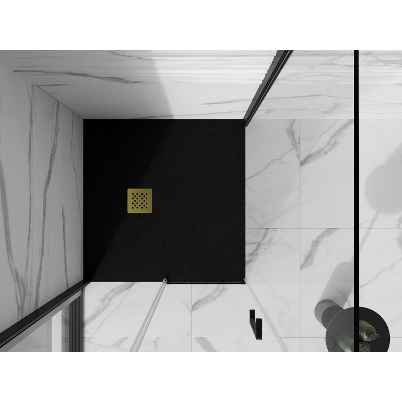 Mexen Stone+ composite square shower tray 90 x 90 cm, black, gold cover plate - 44709090-G