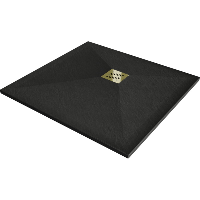 Mexen Stone+ composite square shower tray 90 x 90 cm, black, gold cover plate - 44709090-G