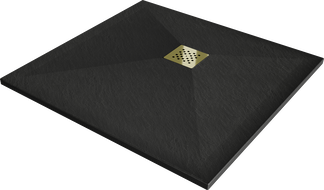 Mexen Stone+ composite square shower tray 90 x 90 cm, black, gold cover plate - 44709090-G