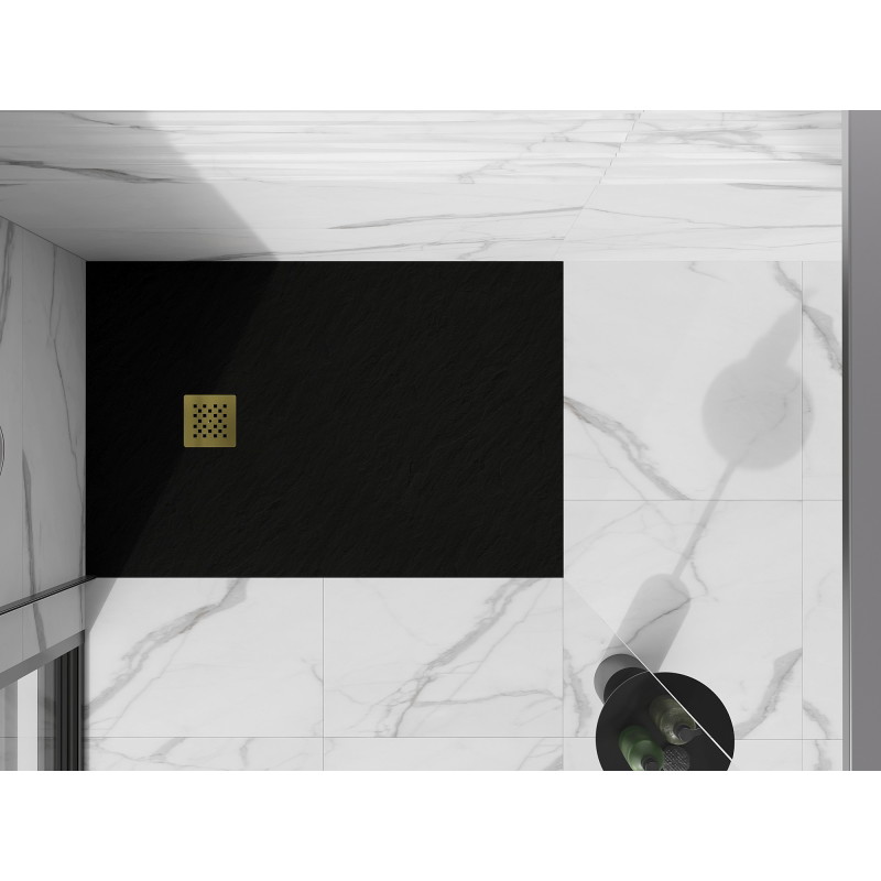 Mexen Stone+ composite rectangular shower tray 140 x 80 cm, black, gold grille - 44708014-G