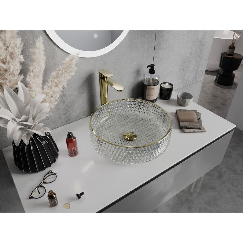 Mexen Aura glass countertop washbasin 39 x 39 cm, transparent/gold - 24013905
