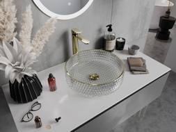 Mexen Aura glass countertop sink 39 x 39 cm, transparent/gold - 24013905
