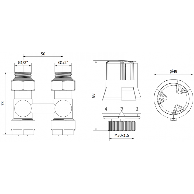 Mexen G02 dual-pipe thermostatic set DN50, straight 1/2"x16 mm, nickel - W912-016-928-01