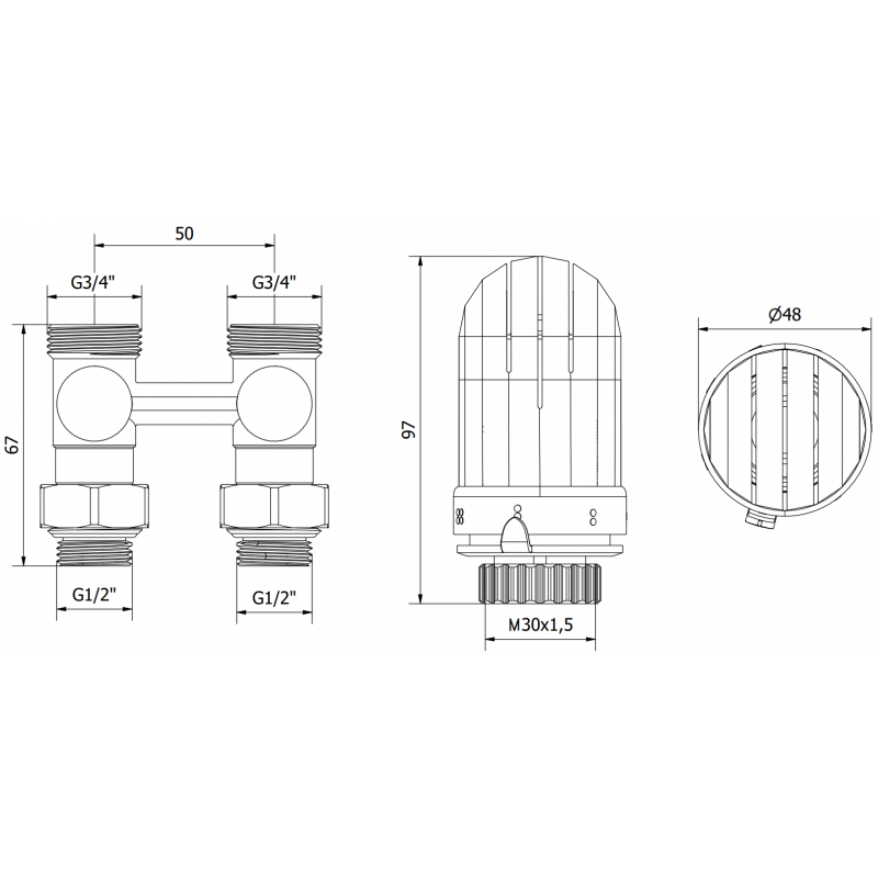 Mexen G03 DN50 two-pipe thermostatic set, straight 1/2"x3/4", nickel - W912-012-938-01