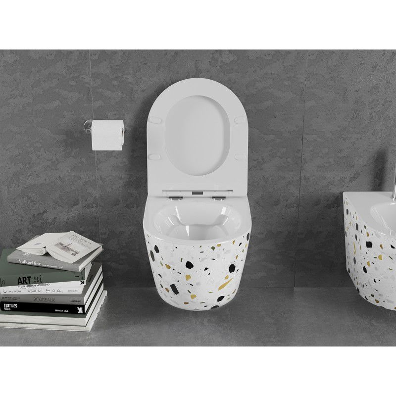 Mexen Lena rimless toilet bowl with soft-close slim seat, duroplast, white terrazzo stone - 30224096
