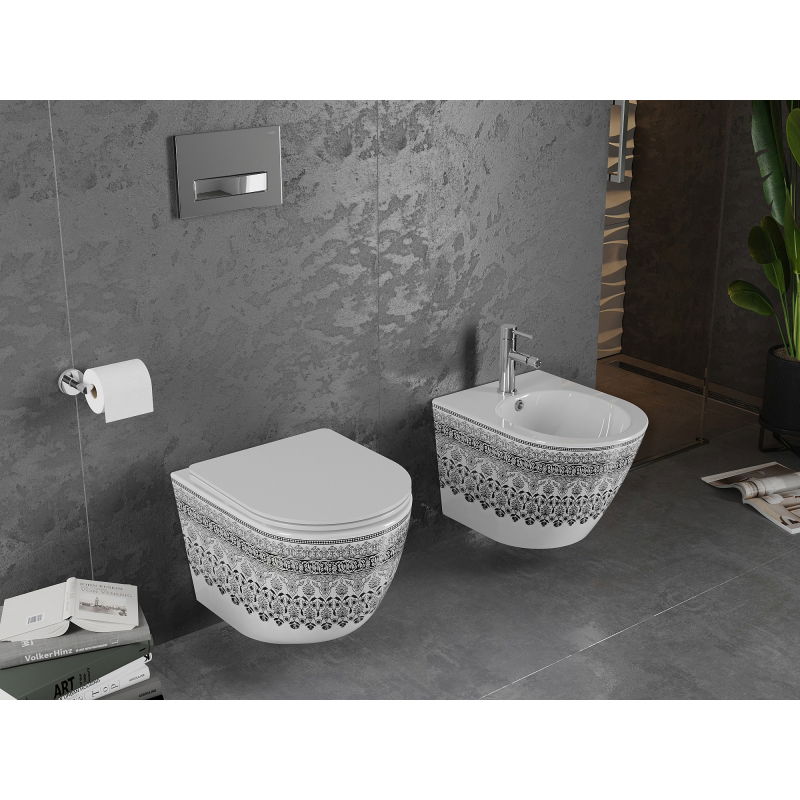 Mexen Lena Rimless WC Bowl with Soft-Close Slim Seat, Duroplast, White/Black Pattern - 30224095