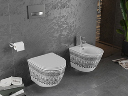 Mexen Lena Rimless Toilet Bowl with Soft-Close Slim Seat, Duroplast, White/Black Pattern - 30224095