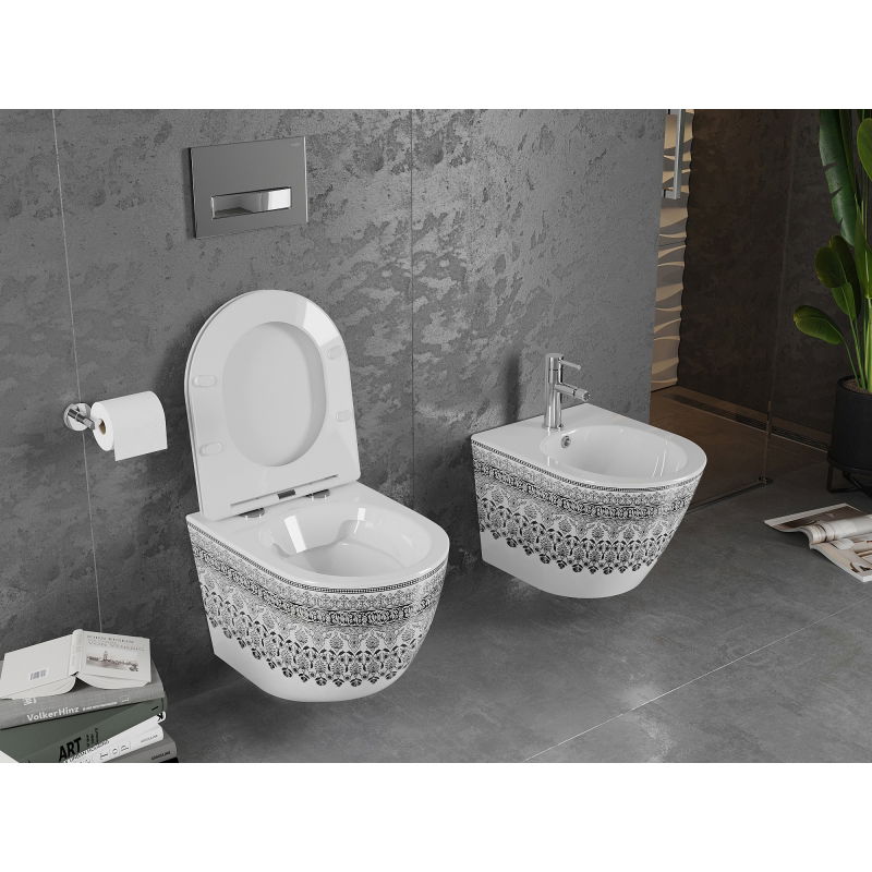 Mexen Lena Rimless WC Bowl with Soft-Close Slim Seat, Duroplast, White/Black Pattern - 30224095