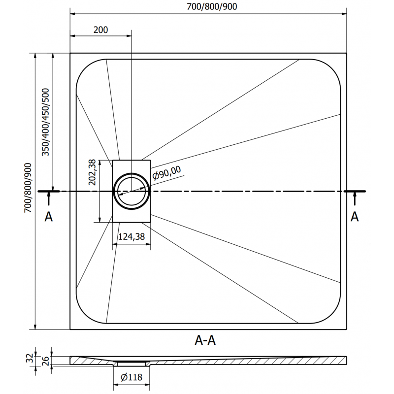 Mexen Hugo square shower tray SMC 90 x 90 cm, white, inox cover - 42109090-X