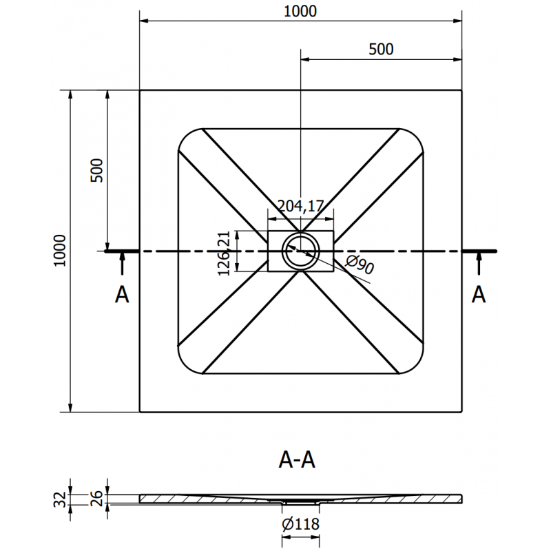 Mexen Hugo square shower tray SMC 100 x 100 cm, white, gold cover - 42101010-G