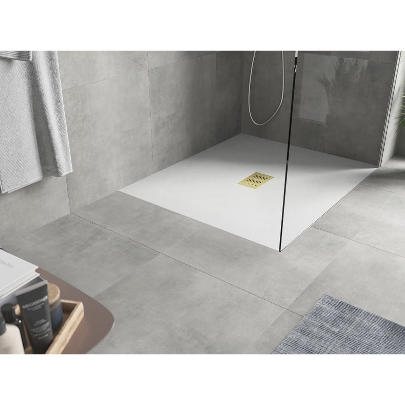 Mexen Hugo rectangular SMC shower tray 140 x 100 cm, white, gold cover - 42101014-G