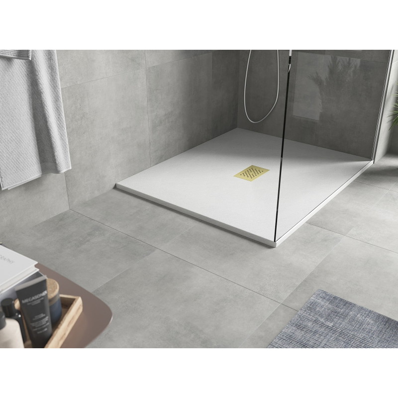 Mexen Hugo rectangular SMC shower tray 140 x 100 cm, white, gold cover - 42101014-G