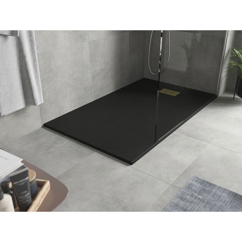 Mexen Hugo rectangular shower tray SMC 150 x 70 cm, black, gold cover - 42707015-G