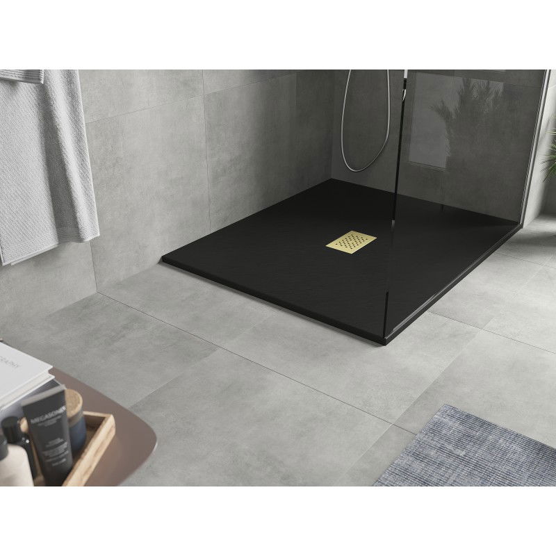 Mexen Hugo rectangular shower tray SMC 130 x 100 cm, black, gold cover - 42701013-G
