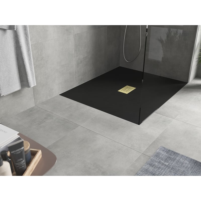 Mexen Hugo rectangular SMC shower tray 140 x 100 cm, black, gold cover - 42701014-G