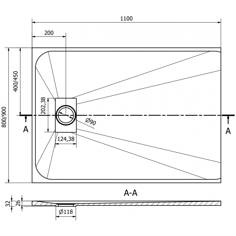 Mexen Hugo rectangular shower tray SMC 110 x 80 cm, white, inox cover - 42108011-X