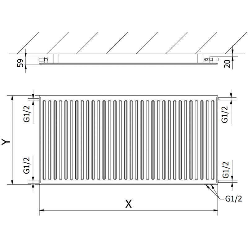 Mexen CVH10 Hygiene Panel Radiator 500 x 1600 mm, Bottom Connection, 848 W, Black - W610H-050-160-70