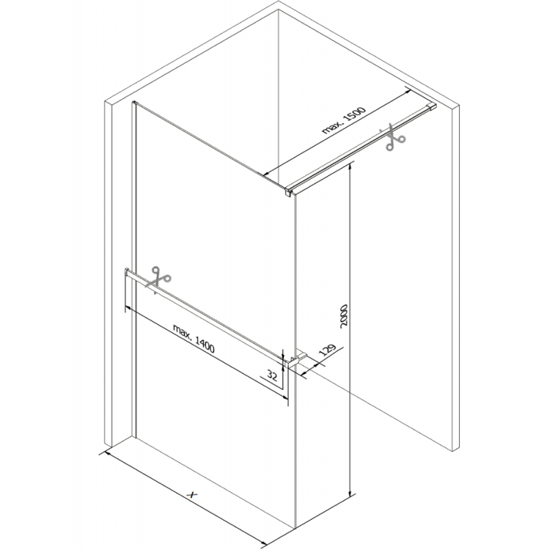 Mexen Kioto+ shower wall with shelf Walk-in 140 x 200 cm, black grid, gun metal - 800-140-121-95-77