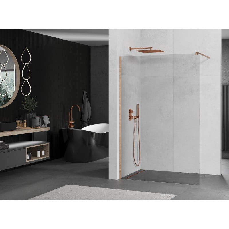 Mexen Kioto Walk-in Shower Wall 90 x 200 cm, Transparent 8 mm, Brushed Copper - 800-090-101-65-00
