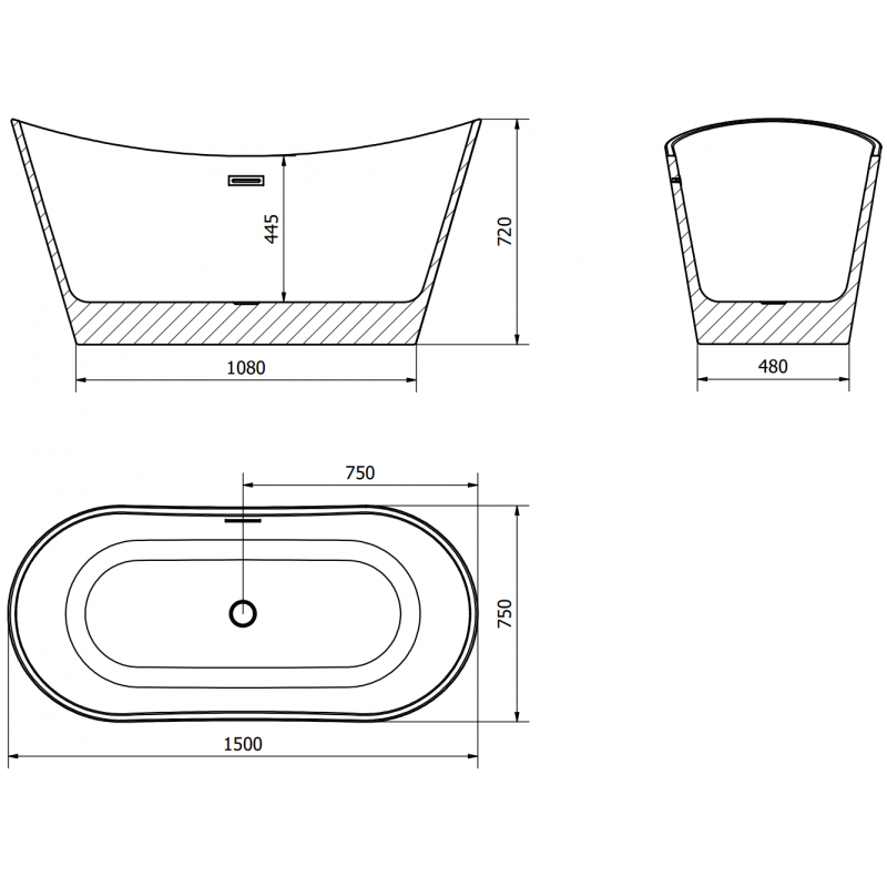 Mexen Montana freestanding bathtub 150 x 75 cm, white/black, white overflow - 52011507575-20