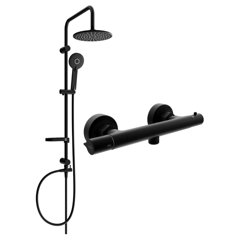 Mexen Carl surface-mounted shower set with a rainmaker and Slim thermostatic mixer tap, Black - 77105240-70