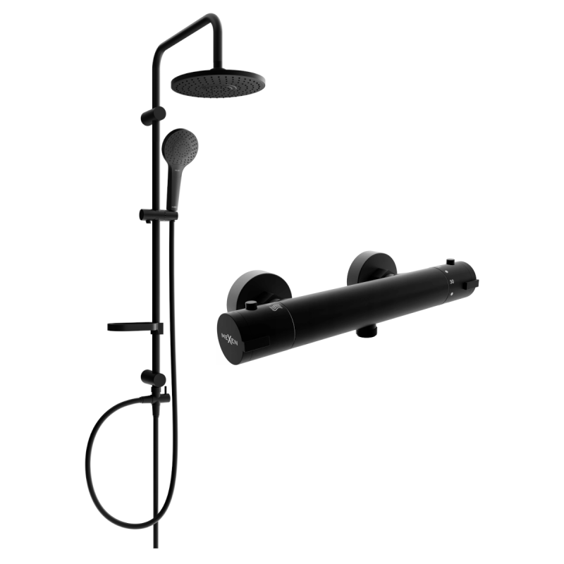 Mexen Erik exposed shower set with showerhead and Kai thermostatic shower mixer, black - 77100205-70