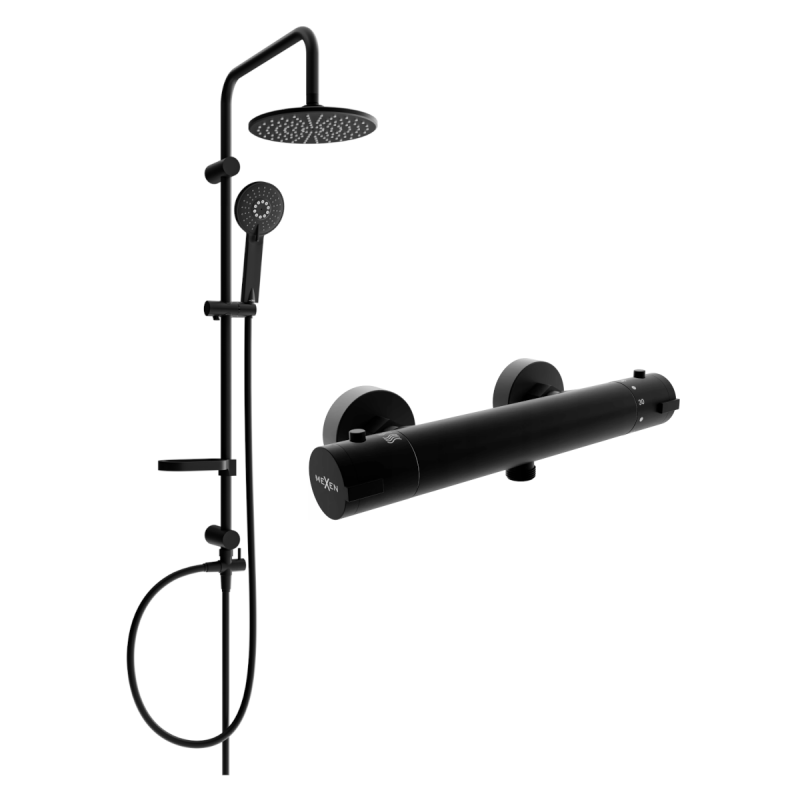 Mexen Kai Carl Surface-Mounted Shower Set with Rain Showerhead and Thermostatic Shower Faucet, Black - 77100240-70
