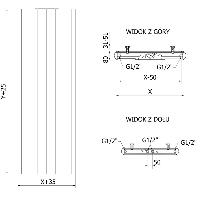 Mexen VR20SL Plate radiator line 2000 x 500 mm, central bottom connection, 1181 W, anthracite - W6-200-050-66