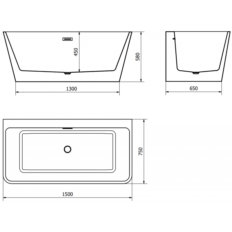 Mexen Volta wall-mounted freestanding bath 150 x 75 cm, white, gun metal overflow - 51131507500-95