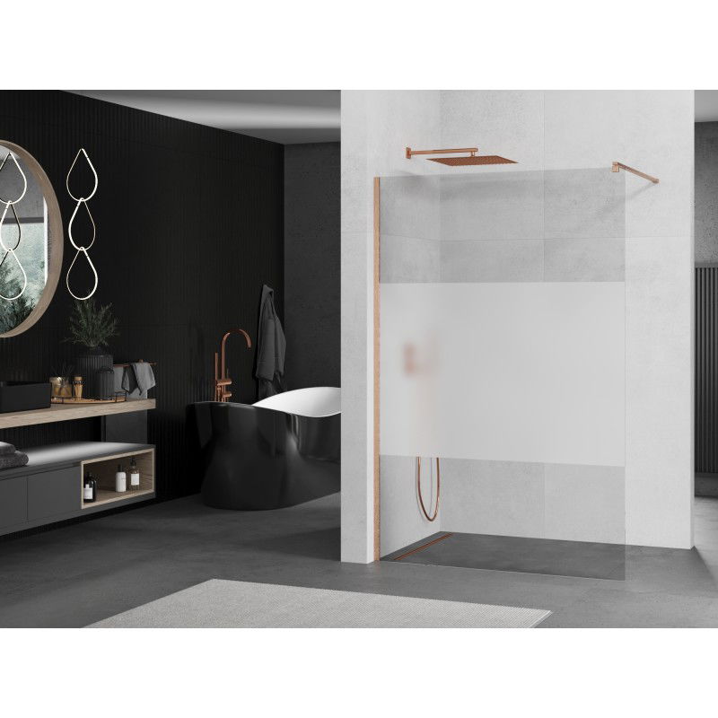 Mexen Kioto Walk-in Shower Wall 100 x 200 cm, Transparent/Frosted 8 mm, Brushed Copper - 800-100-101-65-35