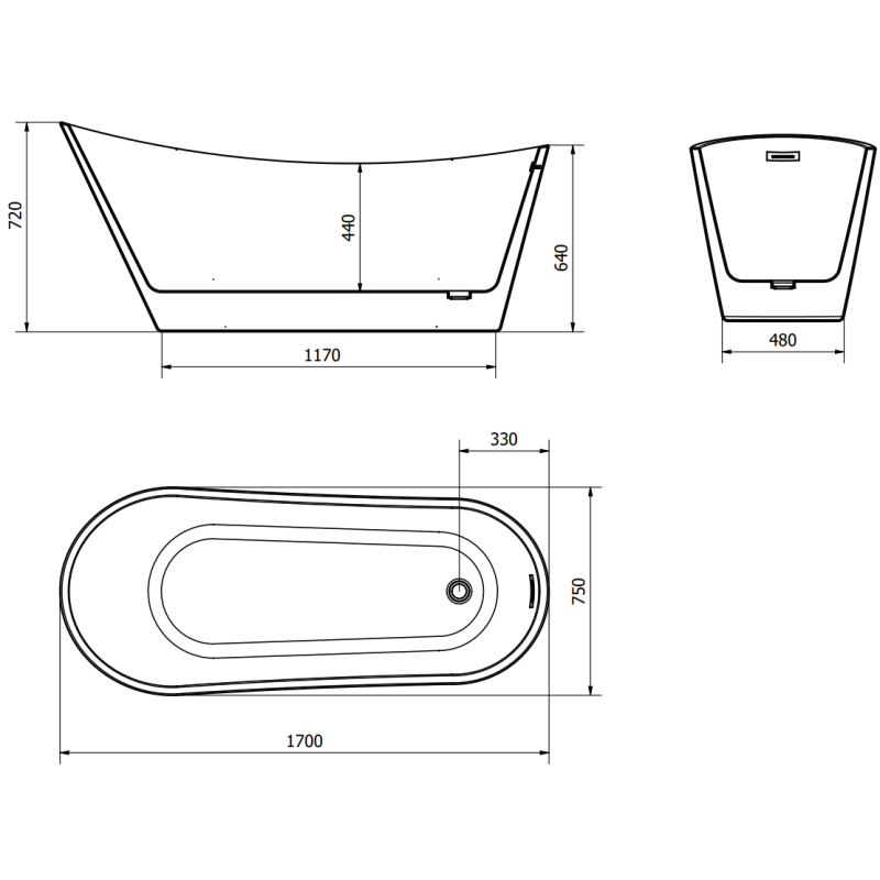 Mexen Alta freestanding bath 170 x 75 cm, white/black, chrome overflow - 52141707575-01