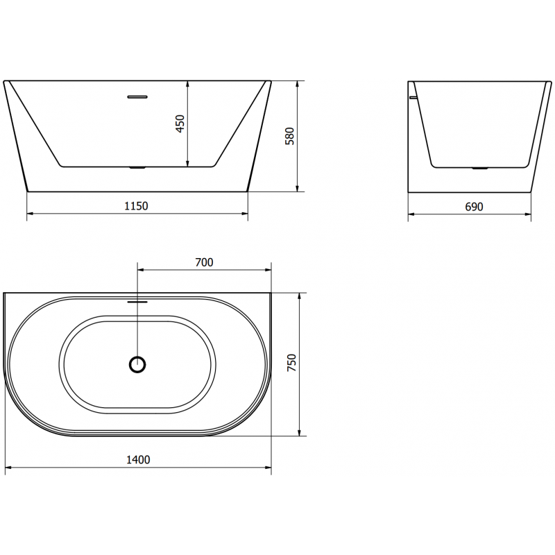 Mexen Oval freestanding back-to-wall bath 140 x 75 cm, white, gold overflow - 52671407500-50